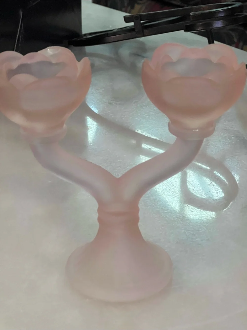 Frosted Pink Double Rose Votive Candle Holder